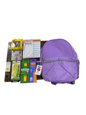 Set of 9pcs Back-To-School Supply Set With Purple Backpack, Pencils, Pens, Ruler